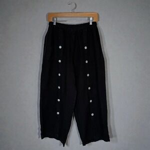 Fenini Linen Black Wide Leg Crop Pants Button Detail Pull On Largenlook Large